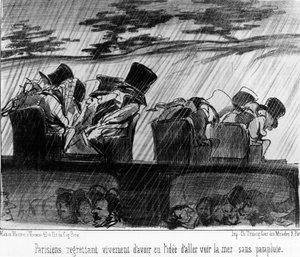 Nöjetåg: resenärer i regnet - av Daumier, i "" Charivari"" av 1852-08-28. av Honoré Daumier