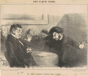 En kommitté som lyssnar på läsningen av en tragedi av Honoré Daumier