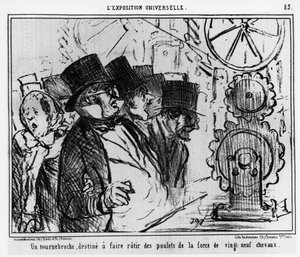 Universell utställning: en skivspelare, designad för att steka kycklingar med styrkan av tjugonio hästar. Illustration av Honore Daumier (1808-1879), publicerad i nyheterna, "" Charivari", daterad 20 juli 1855. av Honoré Daumier