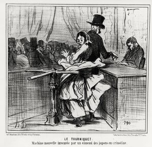 Universell utställning: vändkorset: en ny maskin uppfunnen av en fiende till krinolinska underkjolar. Illustration av Honore Daumier (1808-1879), publicerad i tidningen Charivari den 26 juni 1855. av Honoré Daumier