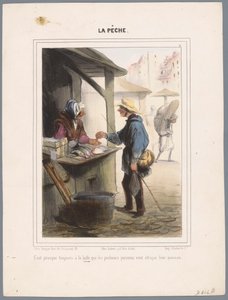 Visser koopt vis in de markthal Det finns nästan alltid på marknaden (...) (titel på objekt) Vissers (serietitel) Fiske (serietitel på objekt) av Honoré Daumier