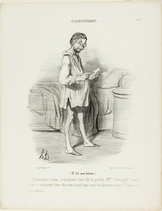 (Han läser ett brev) "Ett datum, kan det vara från den söta Mme Giraud Ja, men det kan också komma från hennes man som vill nypa mig...", plansch 8 från Coquetterie av Honoré Victorin Daumier