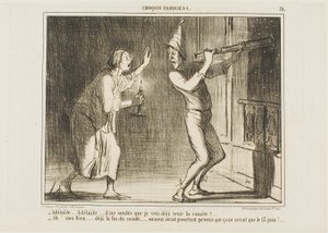 "- Adelaide, Adelaide... Jag tror att jag kan se kometen komma!!! ... - Åh min Gud ... det här är slutet på världen.... hur irriterande. De lovade att den inte skulle komma förrän den 13 juni!", platta 31 från Croquis Parisiens av Honoré Victorin Daumier