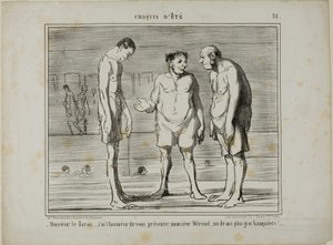 "- Baron, jag har äran att presentera er för herr Mérouel, en av våra största bankirer ... - Baron, jag har äran att presentera er för herr Cascaret, en av våra största aktieägare", plansch 31 från Croquis D