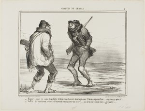 "- Brrrr! Jag är rasande att jag kom hit för att jaga i St. Denis-Plain. Det är bara för kallt! ... - En av de dagar då du skulle älska att fånga en björn. Hans päls skulle vara mer än välkommen just nu!"," plansch 3 från Croquis De Chasse av Honoré Victorin Daumier