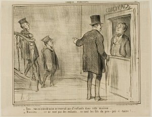 "- Men ni sa att barn inte är tillåtna i det här huset... - Sir, det här är inga barn... det är ägarens söner!...", plansch 23 från Croquis Parisiens, - par Daumier av Honoré Victorin Daumier