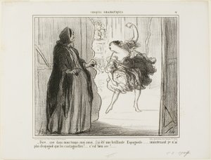 "- Svårt att föreställa sig att jag i mina dagar också var en hyllad spansk dansare ... nuförtiden är bara mina kastanjetter spanska ... vad tråkigt ...", plansch 11 från Croquis Dramatiques av Honoré Victorin Daumier