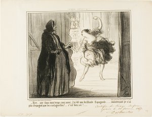 "- Svårt att föreställa sig att jag i mina dagar också var en hyllad spansk dansare ... nuförtiden är bara mina kastanjetter spanska ... vad tråkigt ...", plansch 11 från Croquis Dramatiques av Honoré Victorin Daumier