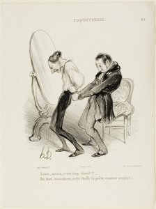 "- Nog, nog, det är alldeles för trångt!!! - Men inte alls, Monsieur, det här tyget passar dig som handen i handsken!", plansch 5 från Coquetterie av Honoré Victorin Daumier