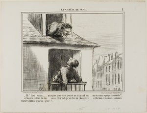 "- Hej, granne ... vad var allt detta skrikande om ... såg du kometen - Jag trodde att jag hade sett den där borta... men det var bara elden från en skorsten... den här gången klarade vi oss undan med bara en skräck," plansch 3 från La Cométe De 1857 av Honoré Victorin Daumier