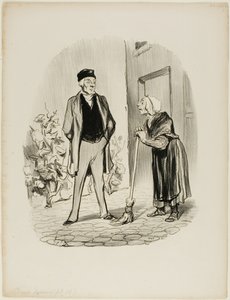"- Hur mår ni i dag, mr Chapolard - Madame Pochet, en concierge som vet hur man uppför sig, borde tilltala sin hyresvärd endast i tredje person. - Hur kan jag prata med dig i tredje person, eftersom du är den första personen jag ser den här morgonen," av Honoré Victorin Daumier