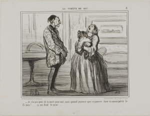 "- Jag är inte rädd för mig, men om jag tänker på stackars Azor som kommer att gå under den 13 juni ... det krossar helt enkelt mitt hjärta," plansch 8 från La Cométe De 1857 av Honoré Victorin Daumier