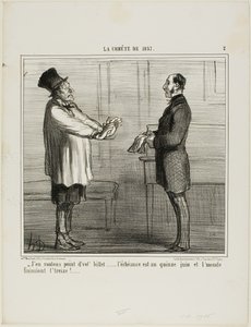"- Jag vill inte ha dina krediter ... utgångsdatumet är den 15 juni och världen ska gå under den 13", plansch 2 från La Cométe De 1857 av Honoré Victorin Daumier