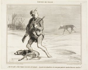 "- Jag undrar varför det här odjuret följer efter mig hela tiden... Jag betalar gärna 6 sous för att hoppa på en buss", plansch 1 från Émotions De Chasse av Honoré Victorin Daumier