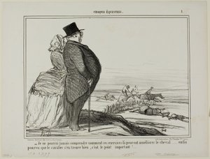 "- Jag kommer aldrig att förstå, hur dessa övningar ska förbättra en hästs tillstånd..... det enda som verkligen räknas är att ryttaren mår bra," plansch 1 från Croquis Équestres av Honoré Victorin Daumier