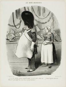 "- Jag är aldrig lugn när jag ser dig gå ut så här... Jag är alltid rädd, Monsieur Moussard, att du kan vara otrogen", plansch 67 från Les Bons Bourgeois av Honoré Victorin Daumier