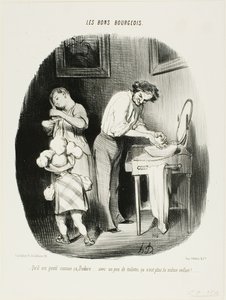 "- Är han inte söt så där, Dodore ... med lite städning är han bara inte samma barn längre! ...", plansch 37 från Les Bons Bourgeois av Honoré Victorin Daumier