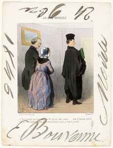 "- Är det inte underbart att ha en son som är advokat ... vilken ära för familjen ... Adolph, jag vill att du ska vara klädd så här hela dagen!", plansch 21 från Les Bons Bourgeois av Honoré Victorin Daumier