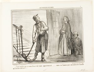 "- Det är meningslöst att visa dig min lägenhet. Vi hyr inte ut till mammor med barn", plansch 1 från Les Portiers De Paris av Honoré Victorin Daumier
