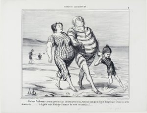 "- Madame Prudhomme, låt oss inte skynda på, låt oss komma ihåg att värdighet bör styra över alla livets handlingar ... värdighet ensam skiljer människan från resten av djuren," plansch 2 från Croquis Aquatiques av Honoré Victorin Daumier