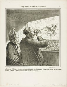 "- Herr Colimard, om ni inte omedelbart slutar att snegla på dansarna på ett så opassande sätt, kommer jag att ta hem er innan föreställningen är slut!", plansch 4 från Croquis Pris Au Théatre av Daumier av Honoré Victorin Daumier