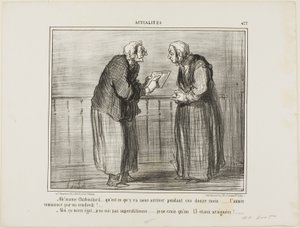 "- Åh, Madame Chaboulard, jag undrar vad som kommer att hända under de kommande tolv månaderna... nyåret börjar på en fredag! ... - Jag bryr mig inte, jag är inte vidskeplig ... Jag tror bara på siffran 13 och på spindlar!", plansch 477 från Actualités av Honoré Victorin Daumier