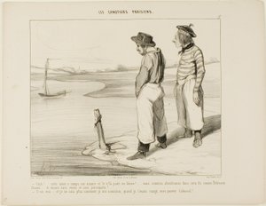 "- Vår båt släppte ankaret och har drivit iväg.... vi är fast på denna ensamma ö som Robinson Crusoe... och utan något att äta och ingen papegoja... - Det är sant.... och jag vet verkligen inte vad jag ska äta, när jag väl har slukat dig, stackars Cabassol av Honoré Victorin Daumier