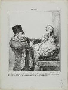 "- Ostron för 25 sous per dussin, fruktansvärt!... Även om du gav mig 100 sous för att äta ett halvt dussin, skulle jag inte tillåta mig en sådan utgift", plansch 18 från Actualités av Honoré Victorin Daumier