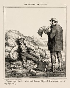 "- Jaha, är du äntligen klar... det är ju tröttsamt att slappna av så länge", plansch 1 från Les Artistes A La Campagne av Honoré Victorin Daumier