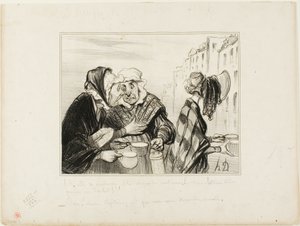 "- Vilket ståhej det här sura ansiktet från femte våningen gör! Bär hatt bara för att köpa två koppar mjölk för en sou! - Åh, Madame Capitaine, är vi inte tjusiga idag ...," platta 36 Types Parisiens av Honoré Victorin Daumier