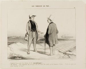 "- Vad menar ni med att det snart kommer att finnas flygtåg - Men naturligtvis, Monsieur ... du förstår, det kommer då att vara mycket enkelt att upprätta en förbindelse mellan Dover och Calais ... men naturligtvis är projektet fortfarande upphängd i lufte av Honoré Victorin Daumier