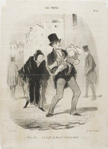 "- Ja visst, men den stackars pojkens mage gör ont", plansch 13 från Les Papas av Honoré Victorin Daumier
