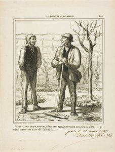 "- Du verkar tycka om att göra mitt arbete. I utbyte kan jag erbjuda mig att göra ditt jobb: Jag ska ta en tur i din buss!", platta 249 från Les Parisiens A La Campagne av Honoré Victorin Daumier