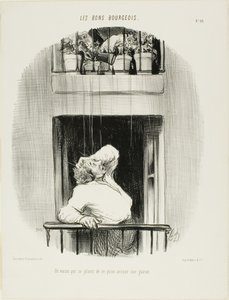 En granne klagar över vattningen av sin gräsmatta, plansch tio från Les Bons Bourgeois av Honoré Victorin Daumier