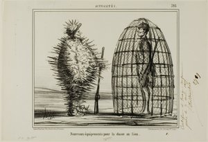 En ny dräkt för lejonjakten, plansch 395 från Actualités av Honoré Victorin Daumier