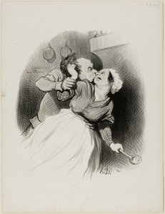 En återkomst av ungdom. "Skrik så mycket du vill, din lilla djävul du.... min fru är inte hemma.... slita ut mitt hår så mycket du vill!", plansch 50 från Les beaux Jours de la vie av Honoré Victorin Daumier
