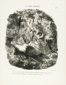 Vid 30°C, lycklig den som kan fly och slumra i skogen i Saint-Germain tillsammans med sin fru och några ödlor, tallrik 27 från Les Bons Bourgeois av Honoré Victorin Daumier