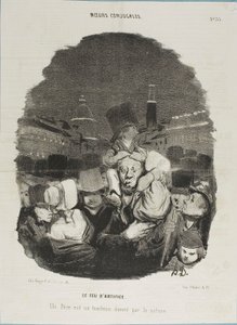 Vid fyrverkerierna. En far är en draghäst, tillhandahållen av naturen, plansch 33 från Moeurs Conjugales och plansch 14 i Actualités av Honoré Victorin Daumier