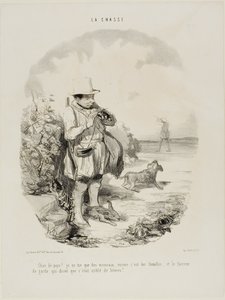"Jävla land! Jag skjuter bara sparvar.... och bara honor ... och den här geniala vakten insisterade på att platsen är full av kaniner," platta 5 från La Chasse av Honoré Victorin Daumier