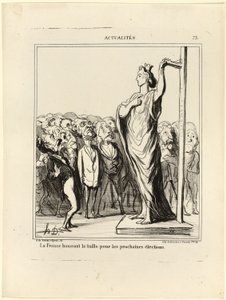Frankrike förbereder sig för att få sina kandidater att godkännas enligt måttstocken för standarder, plansch 73 från Actualités av Honoré Victorin Daumier