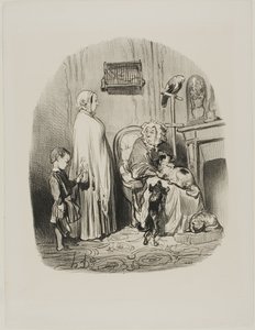 "Jag hyr inte ut till personer med barn", plansch 14 från Locataires Et Propriétaires av Honoré Victorin Daumier