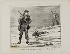 Om jägaren har kalla händer... haren har inte kalla fötter, plansch 22 från Émotions De Chasse av Honoré Victorin Daumier