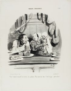 "Titta! Se hur hans ögon är på saveloys och ham.... verkar det som om vi gillar pappas jobb ..... min lilla gris!", plansch 51 från Moeurs Conjugales av Honoré Victorin Daumier