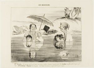 Madame Greluche: "Åh, Gustave, vad gott! En riktigt lugnande värme! Titta på vår son Loulou, vilket sött ansikte han gör!" Herr Greluche: "Och Pyramus, han är rädd, rädd som en hund. Om ni bara visste vad han gör just nu, den lille rackaren", plansch 4 ur  av Honoré Victorin Daumier
