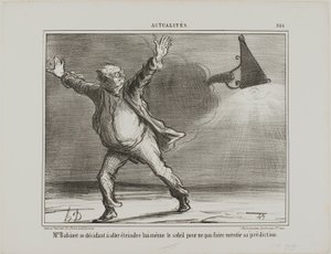 Monsieur Babinet beslutar sig för att personligen stänga av solen för att hans förutsägelser ska gå i uppfyllelse, plansch 386 från Actualités av Honoré Victorin Daumier