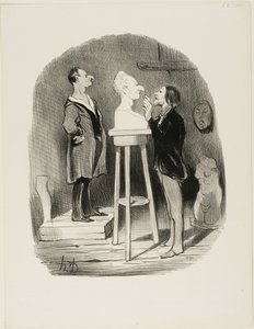 Monsieur Filochard, f.d. butiksägare, pensionär, känner ett behov av att lämna över sin byst i marmor till även den avlägsnaste eftervärlden, plansch 68 från Les Bons bourgeois av Honoré Victorin Daumier