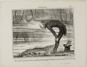 Herr Coste noterar att de fiskar som han tog upp ur vattnet för att analysera deras hälsotillstånd i slutändan inte alls mår bra, plansch 387 från Actualités av Honoré Victorin Daumier