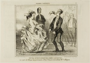 Ny underhållning på de parisiska aftonfesterna. Hume rakar skägget på Monsieur de St Potard och löser håret på Madame Coffignon, plansch 8 från Ces Bons Parisiens av Honoré Victorin Daumier