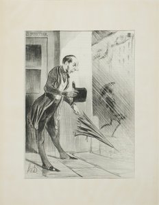 Nytt patenterat paraply, med ett förbättrat fjädersystem, för att snabbt öppna sig vid minsta beröring.(se vår annons i ärendet), plansch 33 från Émotions Parisiennes av Honoré Victorin Daumier