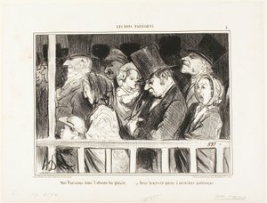 Parisbor som ser fram emot lite kul. Köar i två timmar framför vilken teater som helst i stan, platta 1 från Les Bons Parisiens av Honoré Victorin Daumier